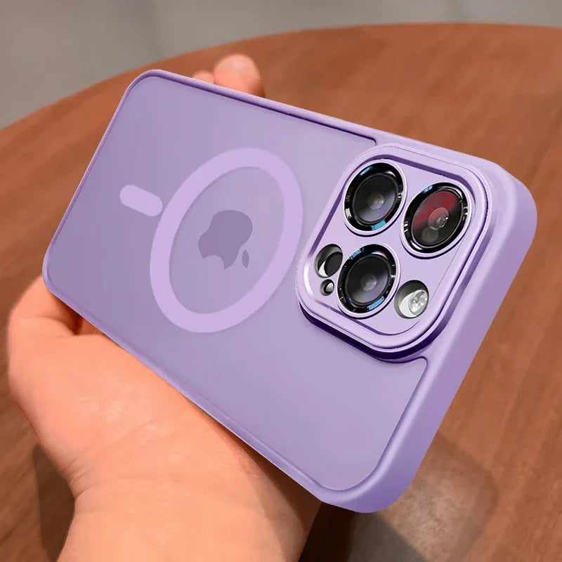 **Luxury Frosted Magnetic Case for iPhone 12–18 Pro Max | MagSafe Compatible with Lens Protection**