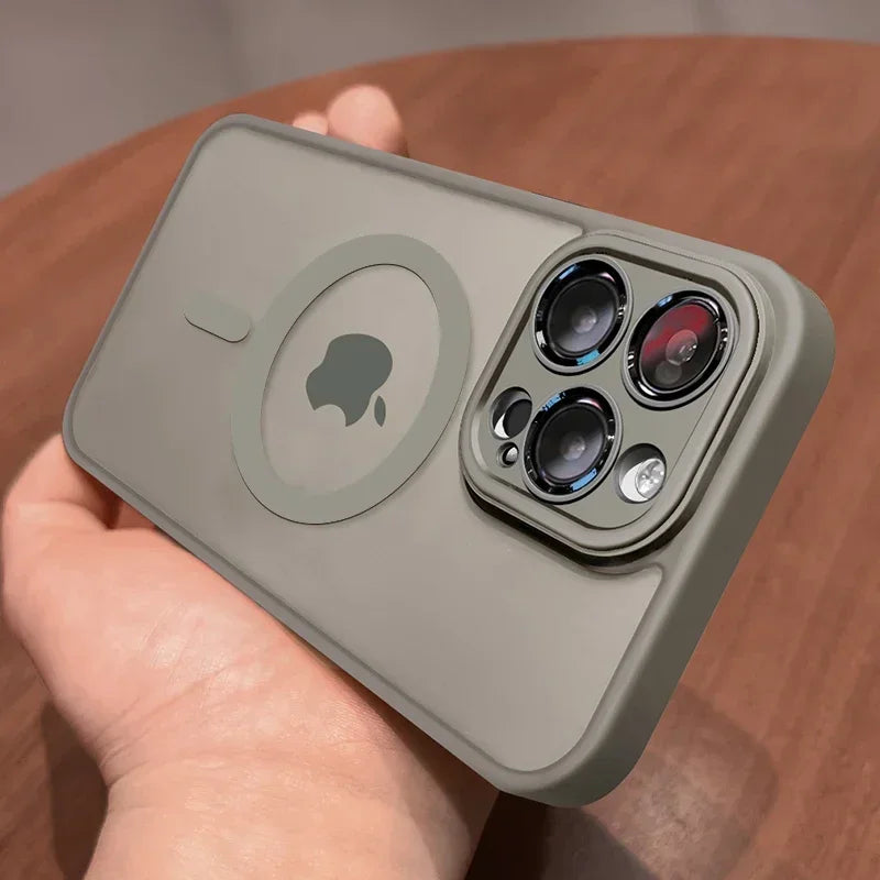 **Luxury Frosted Magnetic Case for iPhone 12–18 Pro Max | MagSafe Compatible with Lens Protection**
